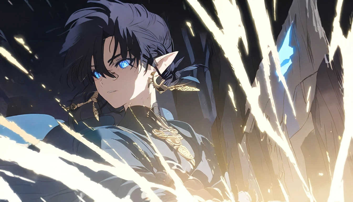 1man, elven ears, electric god, blue black hair, short messy hairstyle, glowing blue eyes, electric spark, monk, elegant thai clothes,