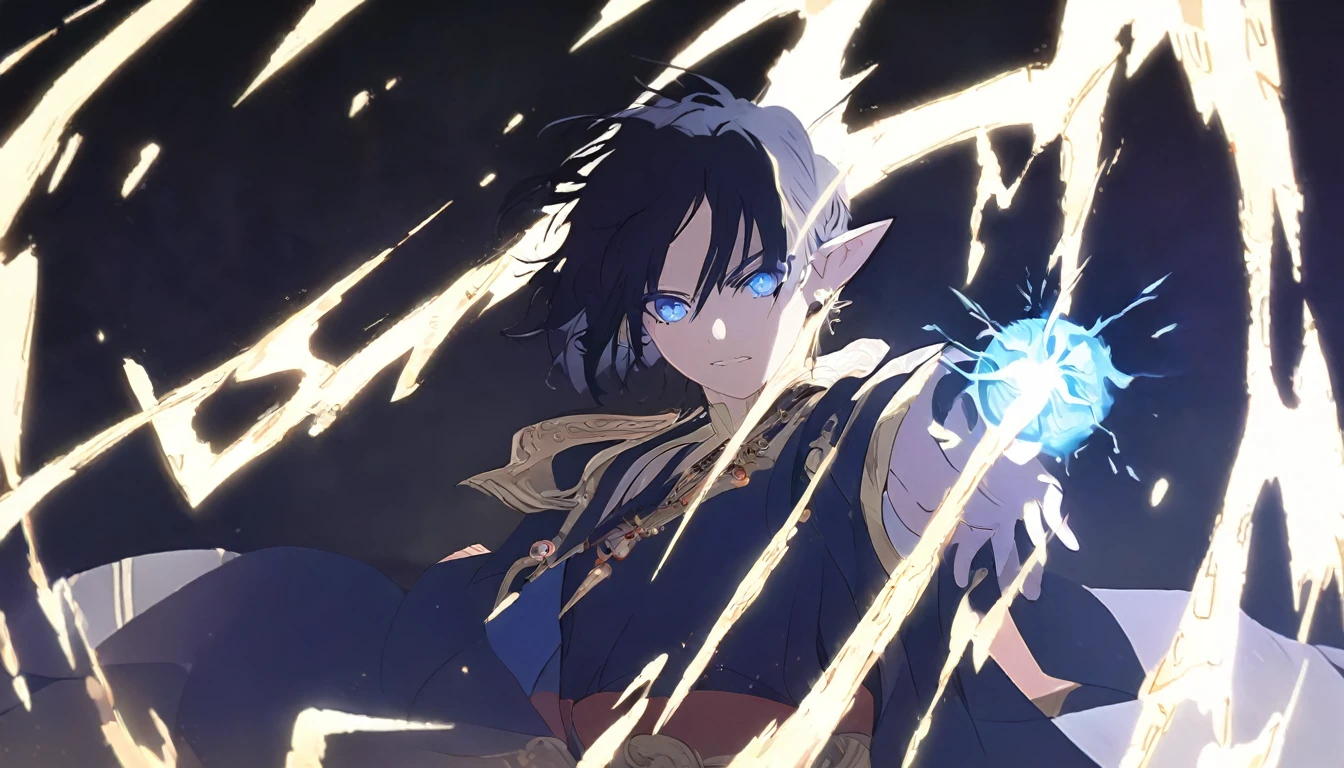 1man, elven ears, electric god, blue black hair, short messy hairstyle, glowing blue eyes, electric spark, monk, elegant thai clothes,