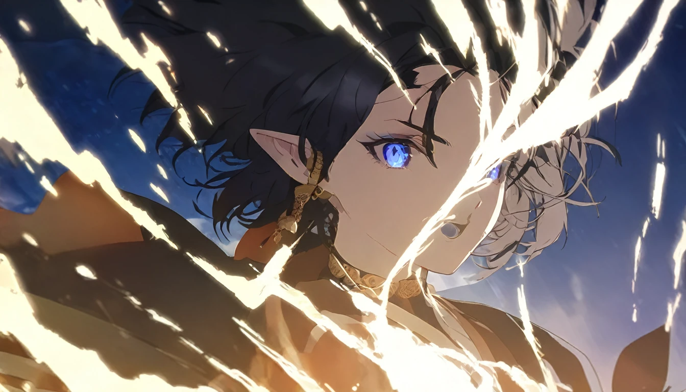 1man, elven ears, electric god, blue black hair, short messy hairstyle, glowing blue eyes, electric spark, monk, elegant thai clothes,