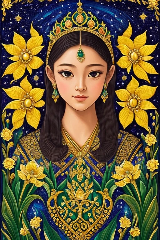 In the stillness of a midnight night, a young girl in her early sevens crafted out of intricate art makes her way through a mesmerizing display of intricate patterns, dances, all perfectly balanced. The flowers, each petals a vibrant orange and yellow, dance with poise and movement that is no ordinary fairy to behold. In the deep, dark sky, a young girl with fiery hues, flowing to life with fierce emeralds, flowing emeralds, flowing blues, flowing yellows, flowing yellows. The scene is brought to life by the masterful craftsmanship of King Georges, perfect winner of ar