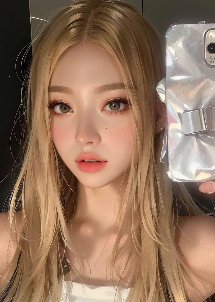 a close-up of a person holding a cell phone in front of a mirror, inspired by Yanjun Cheng, artwork in the style of guweiz,  hair blonde, silver hair girl,  com hair blonde, Guweiz, yanjun chengt, perfect blonde haired girl, kawaii realisitic portrait, ulzzang, realisitic. cheng yi, hyper realisitic anime