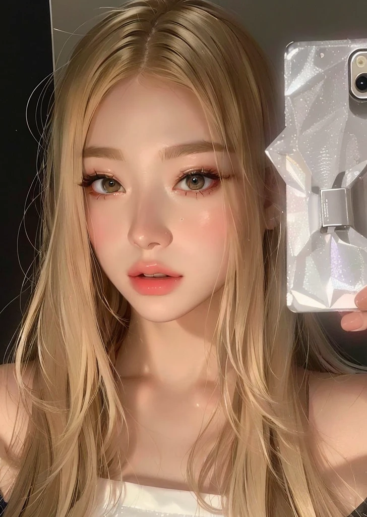 a close-up of a person holding a cell phone in front of a mirror, inspired by Yanjun Cheng, artwork in the style of guweiz, hair blonde, silver hair girl, com hair blonde, Guweiz, yanjun chengt, perfect blonde haired girl, kawaii realisitic portrait, ulzzang, realisitic. cheng yi, hyper realisitic anime