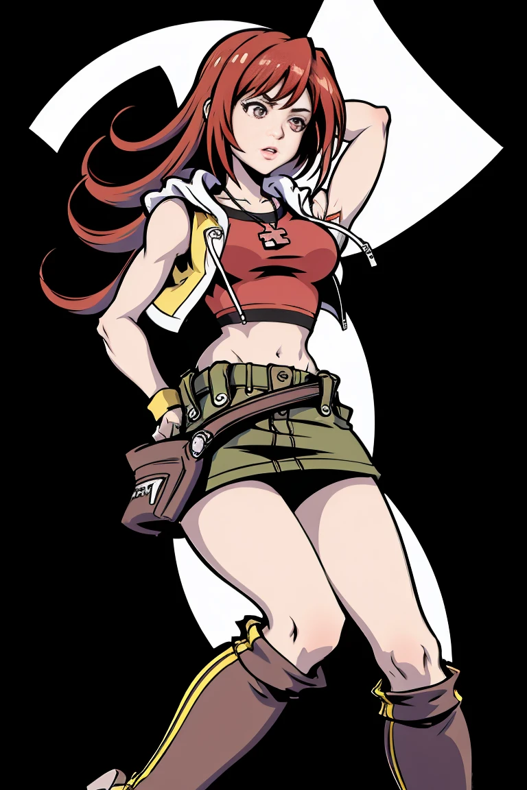 Shiki Misaki, giantess art, tall and athletic red-haired girl, wearing crop shirt, miniskirt, knee high boots, toned arms, black background