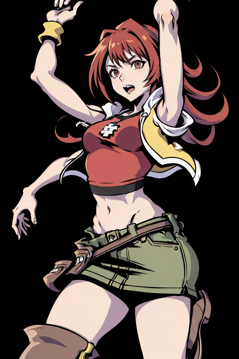 Shiki Misaki, giantess art, tall and athletic red-haired girl, wearing crop shirt, miniskirt, knee high boots, toned arms, black background