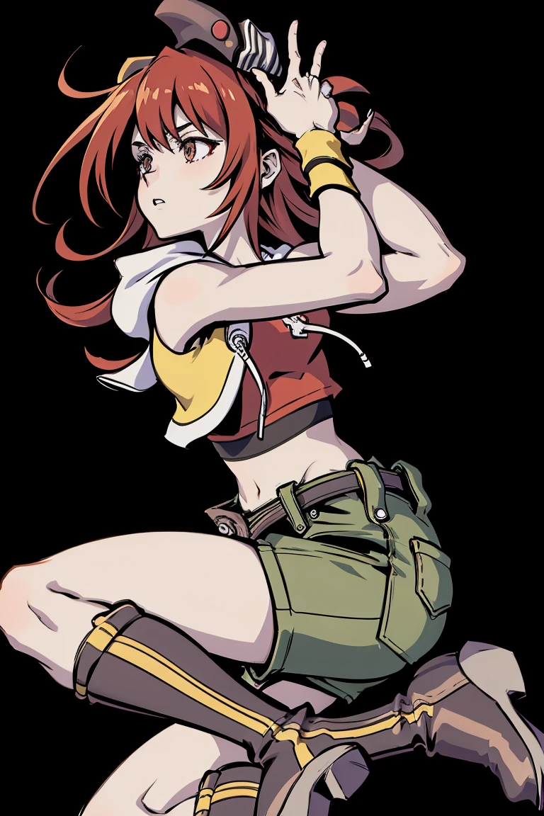 Shiki Misaki, giantess art, tall and athletic red-haired girl, wearing crop shirt, miniskirt, knee high boots, toned arms, black background