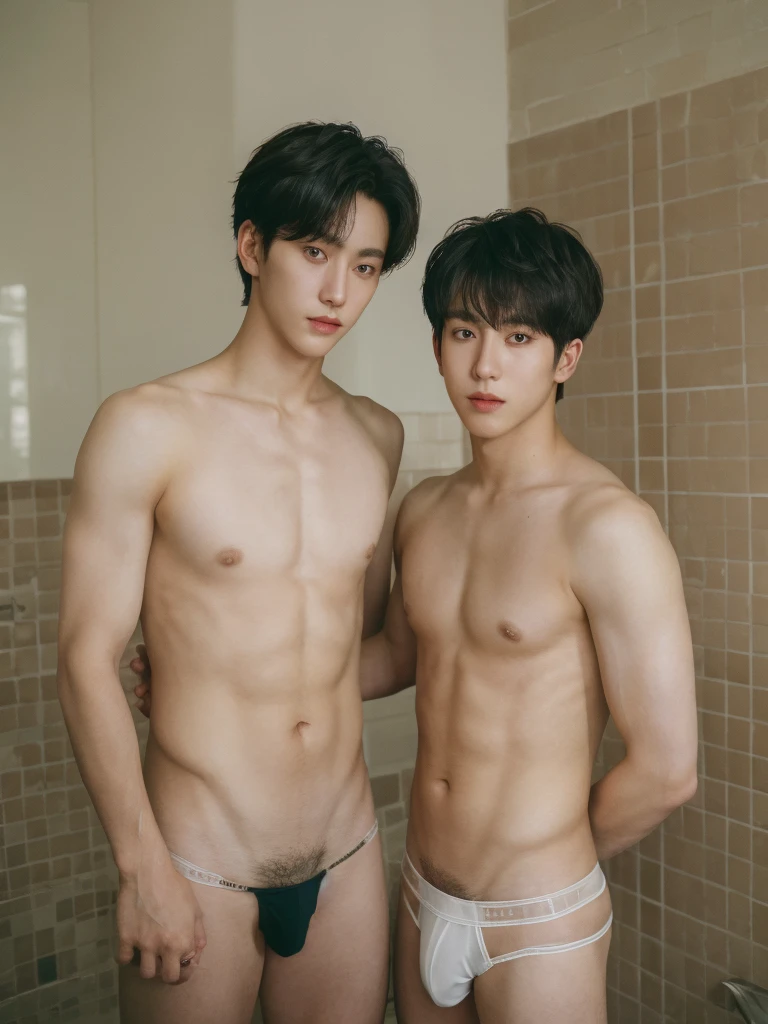 full body, two boy, embrace, Boyfriend, 25 y.o, handsome, bang hairstyle, semi-caucasian face, handsome, strong, comma hair, topless, white jockstrap or g-string, summer, bathroom, 