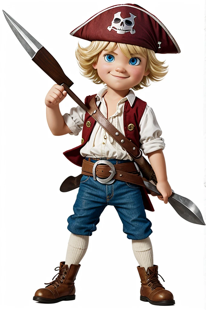 Pixar type peg-legged blond pirate boy on white background