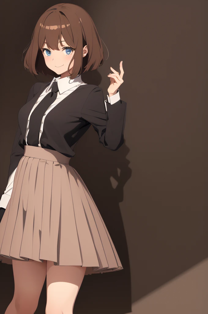 masterpiece，best quality，8k Illustration，Haibara Ai，Aoyama Gangsho style，Flowing hair，Smooth lines，best quality，The finest details，Brown hair blue eyes girl，Actress，Medium shot，The best background，Best quality，The brightest smile，Ultra Detailed，Best Illustration，The best shadow，Solitary，Uniforms, Black jacket，Light pink shirt inside, (jk brown skirt:1.2), Black knee socks, Looking at the audience, Put your hands behind your back，Small Breasts，The best costumes，Best starry night，The most beautiful proportion，The best wavy short hair，The most realistic human body structure