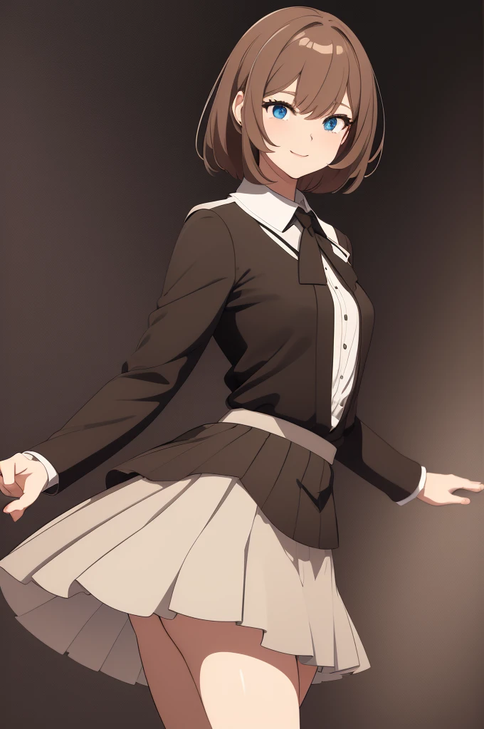 masterpiece,best quality,8k Illustration,Haibara Ai,Aoyama Gangsho style,Flowing hair,Smooth lines,best quality,The finest details,Brown hair blue eyes girl,Actress,Medium shot,The best background,Best quality,The brightest smile,Ultra Detailed,Best Illustration,The best shadow,Solitary,Uniforms, Black jacket,Light pink shirt inside, (jk brown skirt:1.2), Black knee socks, Looking at the audience, Put your hands behind your back,Small Breasts,The best costumes,Best starry night,The most beautiful proportion,The best wavy short hair,The most realistic human body structure