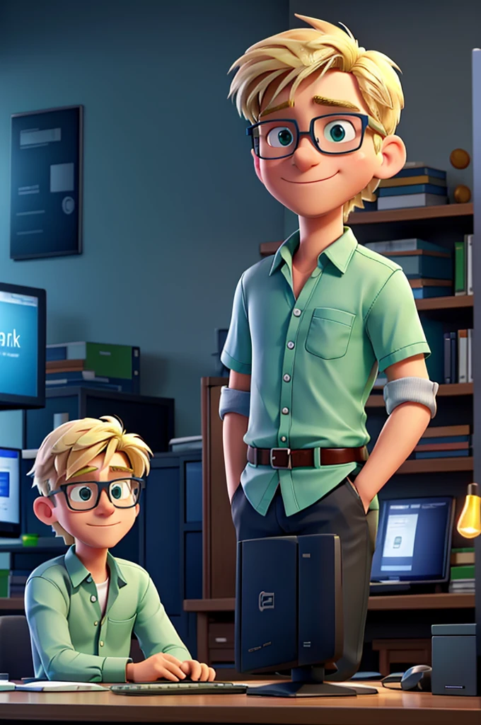 A blond man, young and enthusiastic, wearing glasses and a casual shirt, is standing in front of a desktop computer, with both hands extended over the computer, Tiny sparks of blue and green light are coming out of the man's fingers, flowing towards the keyboard and computer screen.