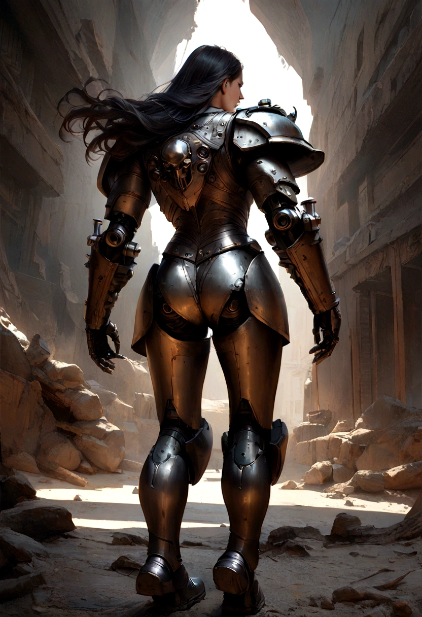 1 , complete body,ultrarealistic skin, short, black bio mechanical torso, black bio cybernetics arms, curved lips, long hair, back bio cybernetics legs, Realistic warhammer 40k background, natural light,