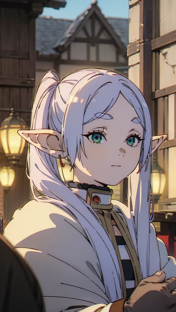 A young elf girl in realistic portrait of high quality and detail, Frieren (Sousou no Frieren), movie style, peacefull atmosphere, pale skin, glow, eye shadow, 1girl, fantasy, Depth & Perspective, happy smile on her face, A petite elf girl with green eyes, thick eyebrows and long white hair parted in the middle and braided into two high pigtails. She has large pointed elf ears, Mystical powers, red armor, fine face, hair flying in the wind, wearing a brown mink coat against the backdrop of the evening city, lantern lights, metropolis street, evening, snowfall, winter, black leather gloves, looking at viewer, (ultra-high detail:1.2), Masterpiece, Best Quality, Ultra-detailed, Cinematic lighting, 8K, delicate features, cinematic, 35 mm lens, f/1.9, highlight lighting, global lighting –uplight –v 4, Cinematic lighting, 8K, high quality, Highest Quality, (Solo Focus), (extremly intricate:1.3), (Realistic), masterful, Analog style, (Film grain:1.5), (cold tone),