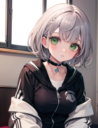 Highest quality, masterpiece, Ultra-high resolution, grey hair, short hair, green eyes, black letterman jacket, on bed, black choker,