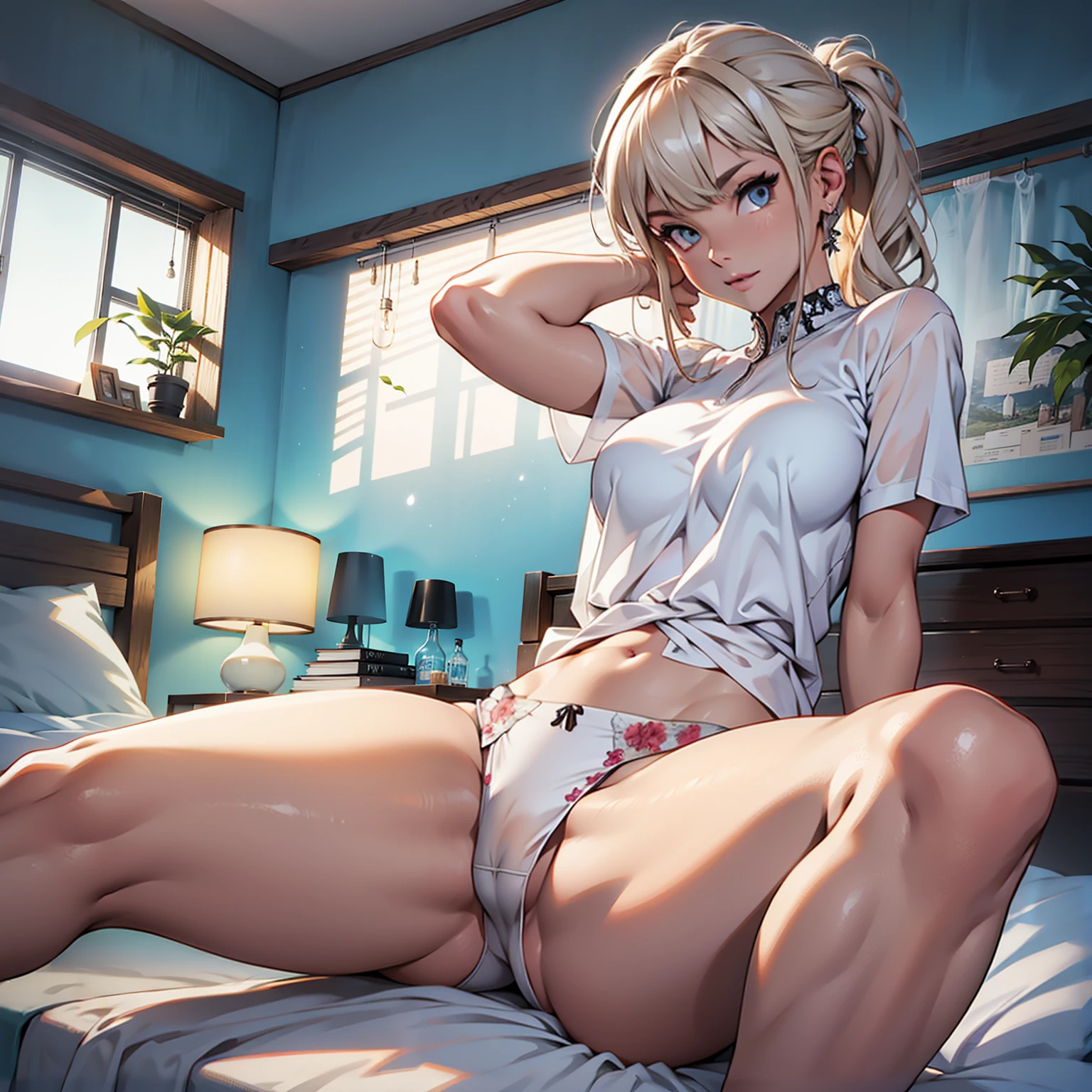 The girl sits on the bed, open legs, white panties, and hold your head in your hands