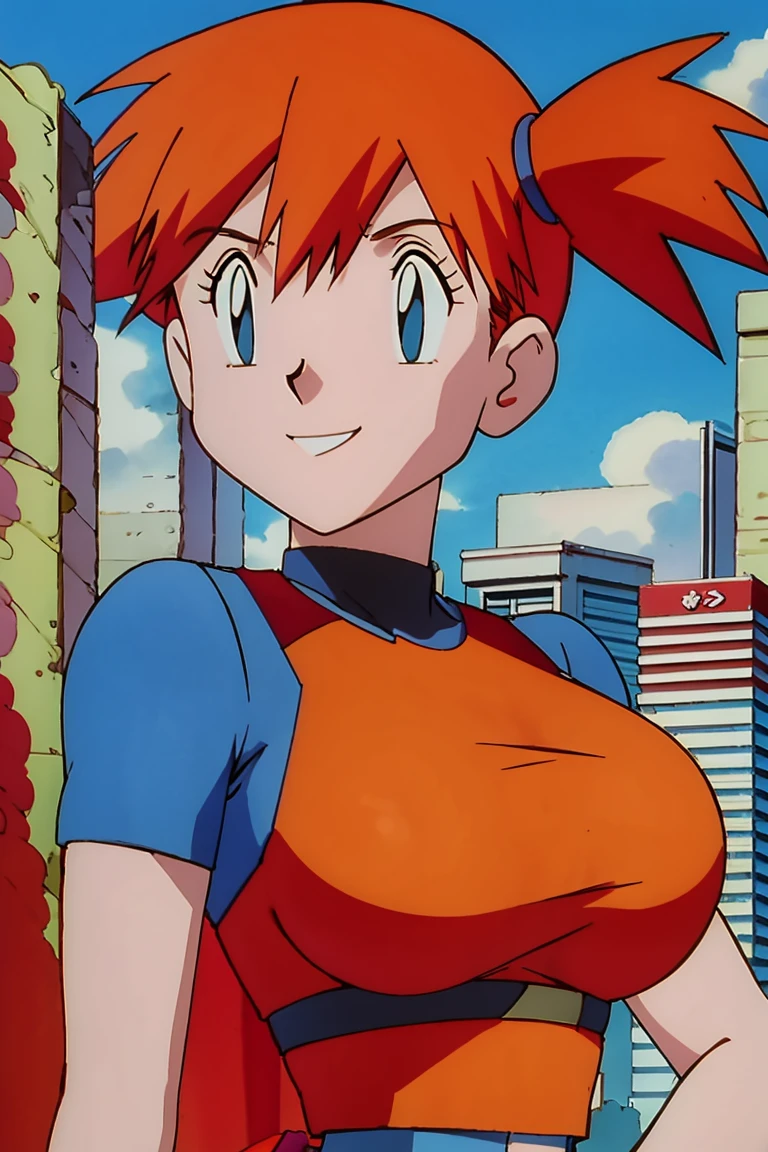 red-haired superwoman posing in front of a city skyline, perfect body, highly detailed giantess shot, sfw large breasts, giantess art, big breasts!!, covered sfw huge breasts, short hair, smug smile