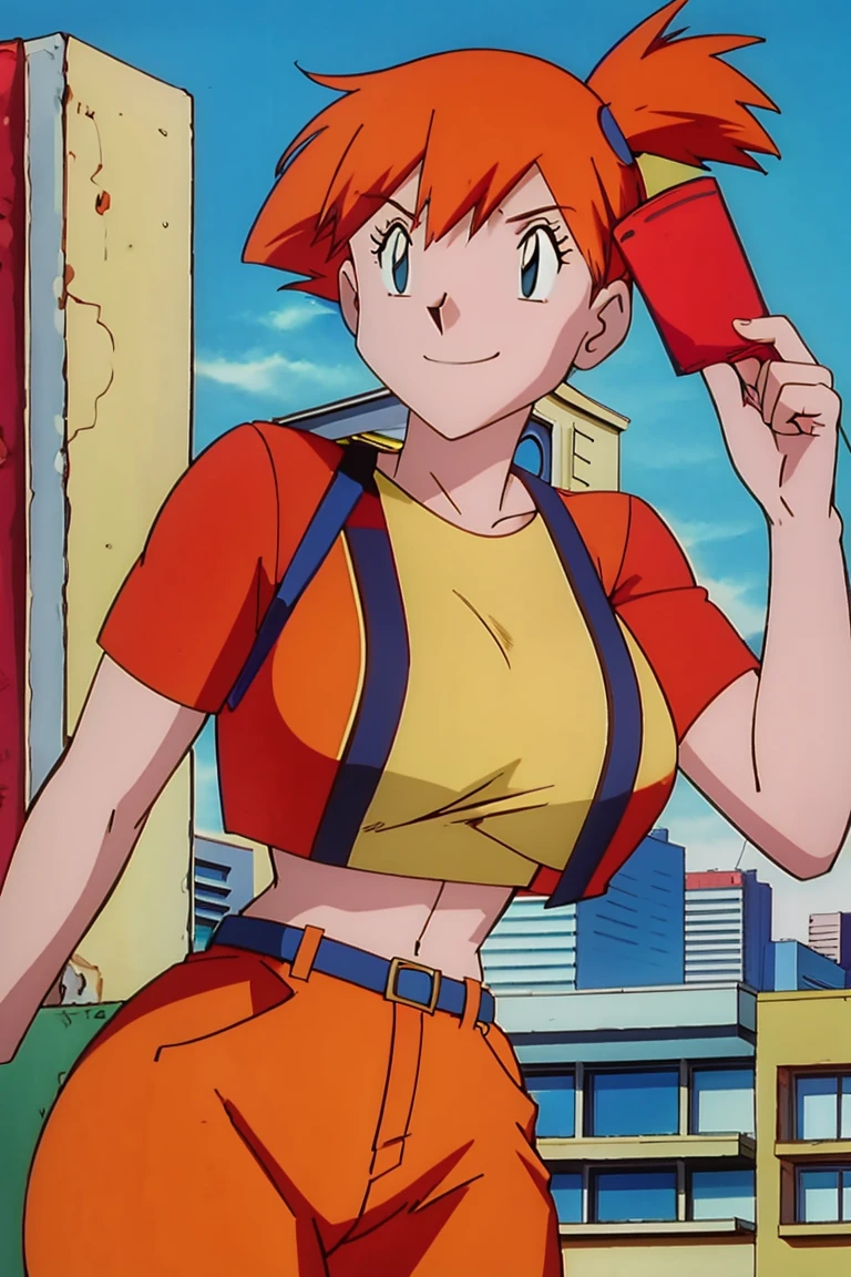 red-haired superwoman posing in front of a city skyline, perfect body, highly detailed giantess shot, sfw large breasts, giantess art, big breasts!!, covered sfw huge breasts, short hair, smug smile