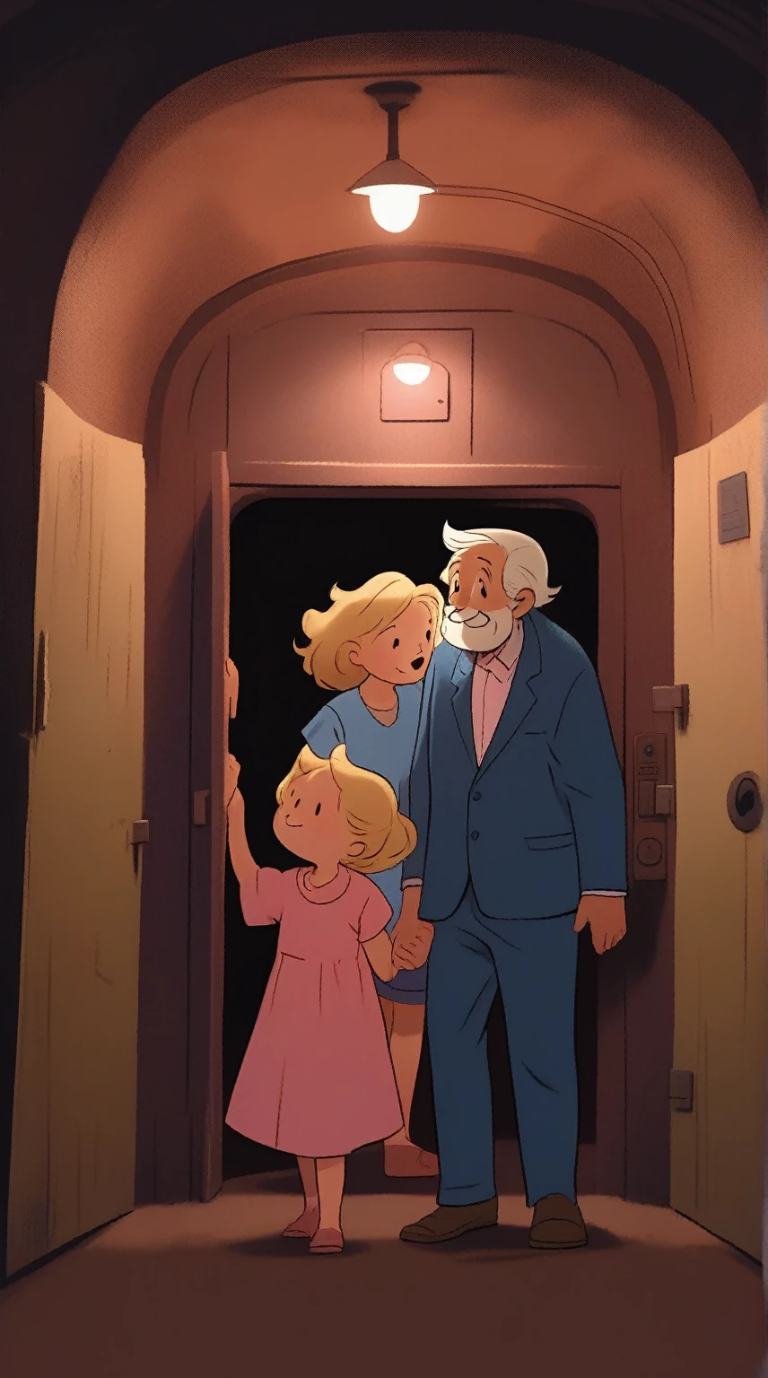 children's picture books,crayon paintings,blush, an old rusty open 2 doors elevator tunnel, old man in suite and his blond wife, a 5 years old boy wearing blue t shirt, and an 8 years old girl wearing pink dress