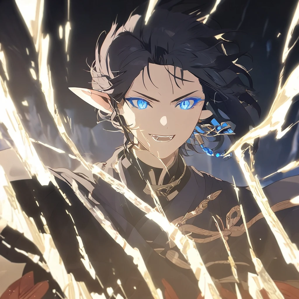 1man, elven ears, electric god, blue black hair, short messy hairstyle, glowing blue eyes, electric spark, monk, elegant thai clothes,
