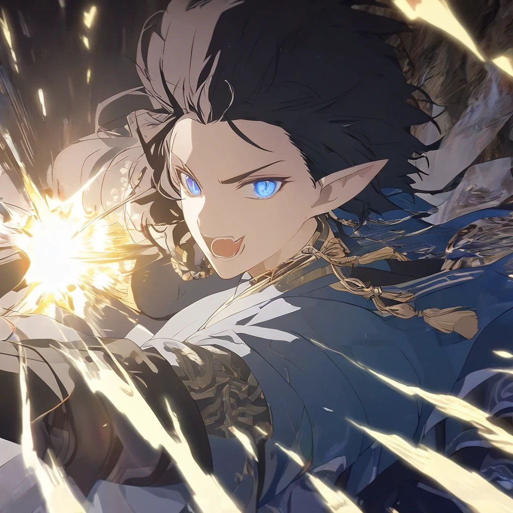 1man, elven ears, electric god, blue black hair, short messy hairstyle, glowing blue eyes, electric spark, monk, elegant thai clothes,