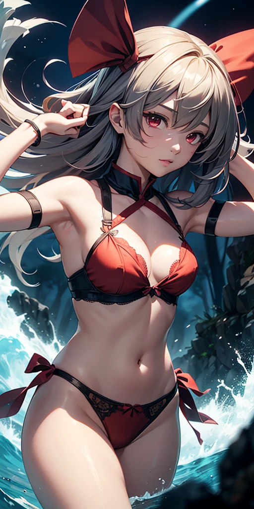 solo 1 girl view, TouHou Legend project, An adventure the young Reimu, which due to a curse has been transformed into Kedama, a little ball of hair, having to fight waves of enemies from an isometric perspective with both ranged attacks and hand-to-hand combat, being able to turn into different monsters, see underwear, sexy panties, random angle.,(all realistic intricate details)
