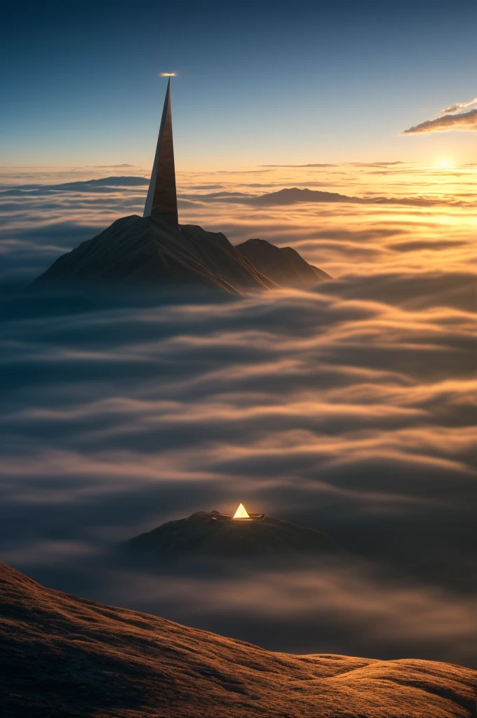 A sacred triangle glowing with ethereal light, suspended in a serene sky filled with majestic clouds. The scene contrasts light and darkness, with the triangle shining brightly against the deep, dark backdrop. The atmosphere is mysterious and divine, invoking a sense of awe and wonder. Inspired by the styles of Greg Rutkowski and Artgerm, this digital painting is highly detailed, with smooth, sharp focus, perfect for a 4K UHD image.