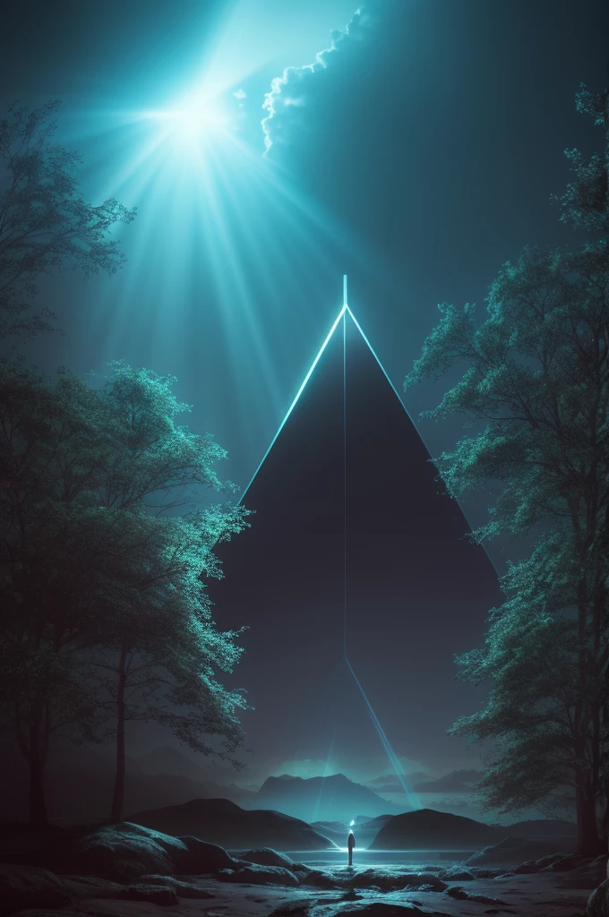 A sacred triangle glowing with ethereal light, suspended in a serene sky filled with majestic clouds. The scene contrasts light and darkness, with the triangle shining brightly against the deep, dark backdrop. The atmosphere is mysterious and divine, invoking a sense of awe and wonder. Inspired by the styles of Greg Rutkowski and Artgerm, this digital painting is highly detailed, with smooth, sharp focus, perfect for a 4K UHD image