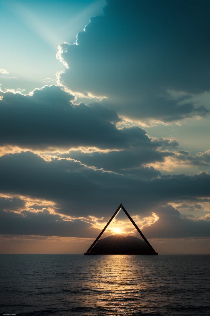 A sacred triangle glowing with ethereal light, suspended in a serene sky filled with majestic clouds. The scene contrasts light and darkness, with the triangle shining brightly against the deep, dark backdrop. The atmosphere is mysterious and divine, invoking a sense of awe and wonder. Inspired by the styles of Greg Rutkowski and Artgerm, this digital painting is highly detailed, with smooth, sharp focus, perfect for a 4K UHD image