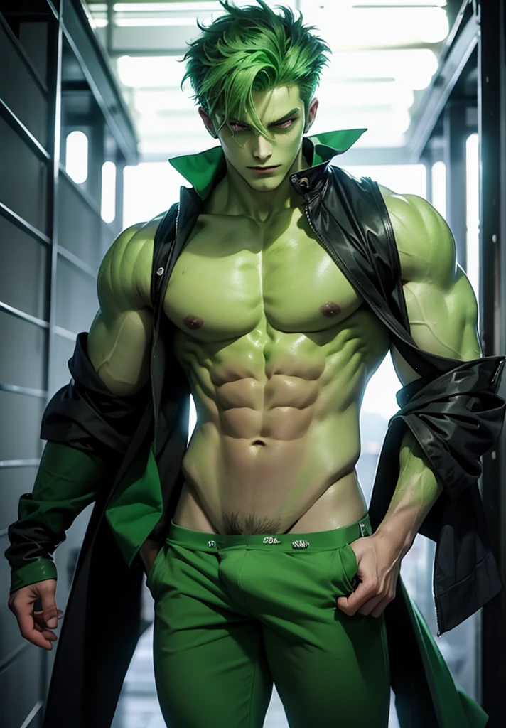 Beast boy, Cute boy, green skin, green hair, green eyes, with very very big ???