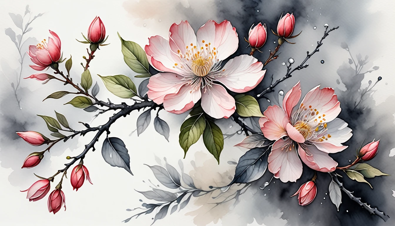 hyperrealistic blooming aesthetic, (watercolor style, ink and wash, (intricate multi-layered meticulous painting, chinese ink)), clean, breezy, dewy