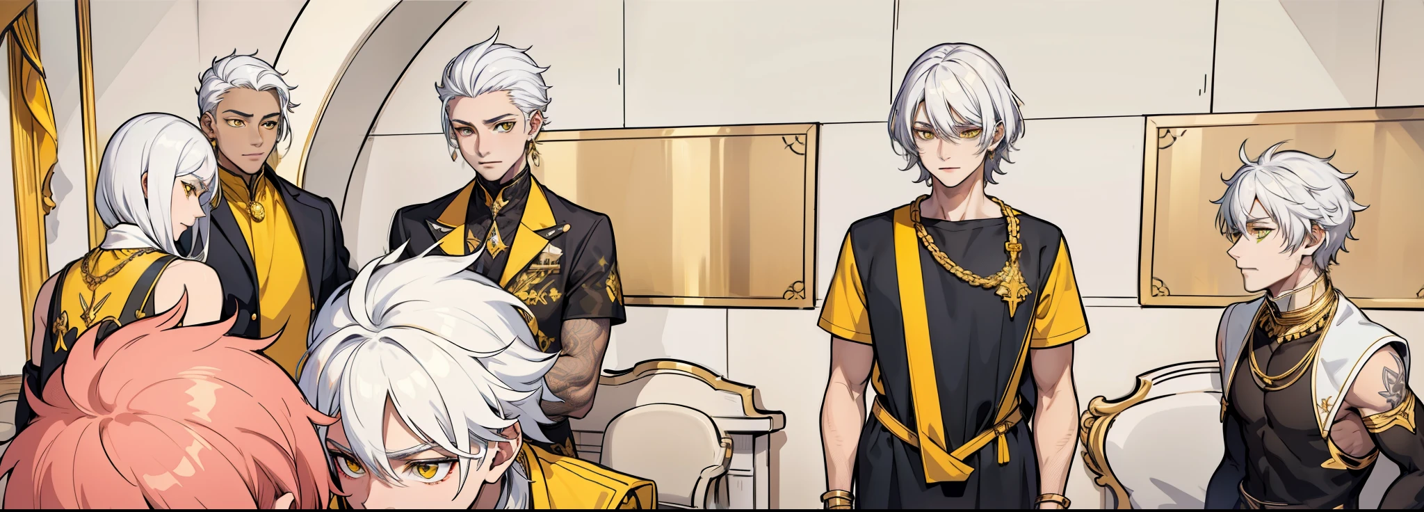 They talk about something important white hair yellow eyes black suits with yellow decorations and gold jewelry
