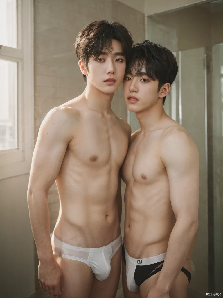 full body, two boy, embrace, Boyfriend, 25 y.o, handsome, bang hairstyle, semi-caucasian face, handsome, strong, comma hair, topless, white jockstrap or g-string, summer, bathroom, 