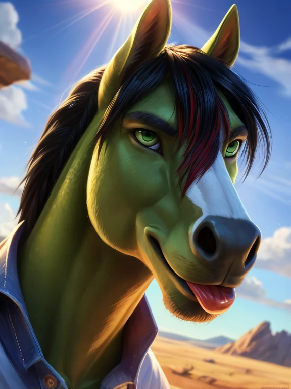 (by pixelsketcher:0.6), (by personalami :0.6), solo, furry anthro horse, male, detailed background, (cinematic lighting:1.1), (perfect focus:1.1), 8k hd, photo, (detailed eyes:1.2),depth of field, bokeh, subsurface scattering, wide angle,(white shirt, blue pants), bright colors, (furry detail:1.3), natural landscape,sky with clouds, sunny day,((green body,green skin)),anthro horse male, detailed fur, fluffy fur,(short tail),(detailed pixar green eyes:1.2),smile, seductive smile, tongue out, hypnotized with glowing purple eyes, tongue out, athletic body, ((black hair with red rays, red parts of hair)