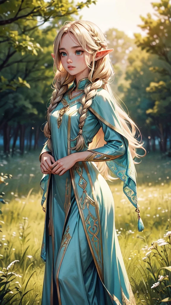 Graceful elven girl standing in meadow, Delicate face illuminated by the soft light of the setting sun. Her long, Flowing hair runs down your back, Decorated with intricate braids、Adorned with sparkling gemstones. This great photo is、、、It captures the ethereal beauty of elves. Slender figure in silk dress、Swaying in the soft steppe breeze. Attention to detail、Face that is、Face that is、Face that is、It is evident in the intricate patterns of the dress and the subtle highlights of the luminescence. skin. The breathtaking portrayal of the elven girl is、、、、Create an enchanting atmosphere、It invites the viewer to a magical world.detailed face, detailed hands, detailed eyes, full body, elf girl , elf girl