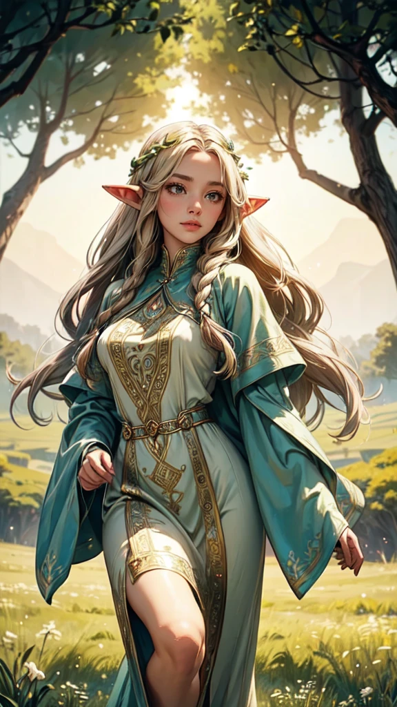 Graceful elven girl standing in meadow, Delicate face illuminated by the soft light of the setting sun. Her long, Flowing hair runs down your back, Decorated with intricate braids、Adorned with sparkling gemstones. This great photo is、、、It captures the ethereal beauty of elves. Slender figure in silk dress、Swaying in the soft steppe breeze. Attention to detail、Face that is、Face that is、Face that is、It is evident in the intricate patterns of the dress and the subtle highlights of the luminescence. skin. The breathtaking portrayal of the elven girl is、、、、Create an enchanting atmosphere、It invites the viewer to a magical world.detailed face, detailed hands, detailed eyes, full body, elf girl , elf girl
