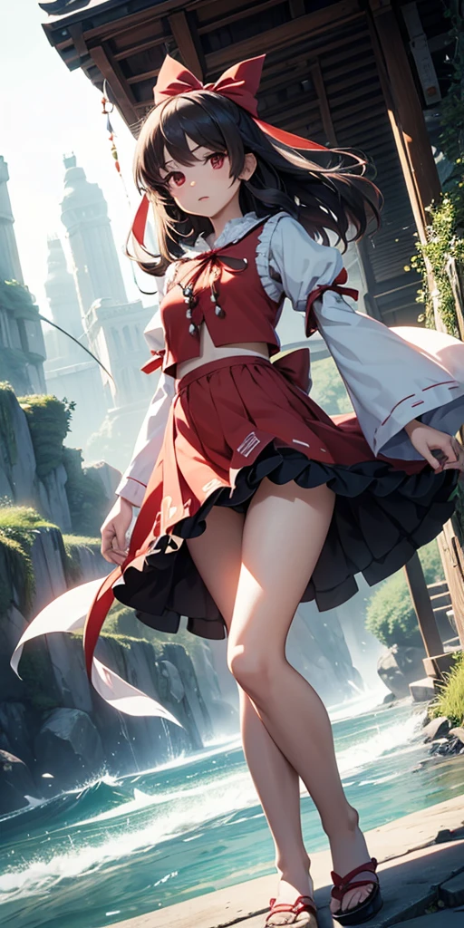 solo 1 girl view, TouHou Legend project, An adventure the young Reimu, which due to a curse has been transformed into Kedama, a little ball of hair, having to fight waves of enemies from an isometric perspective with both ranged attacks and hand-to-hand combat, being able to turn into different monsters, see ,  , random angle.,(all realistic intricate details)