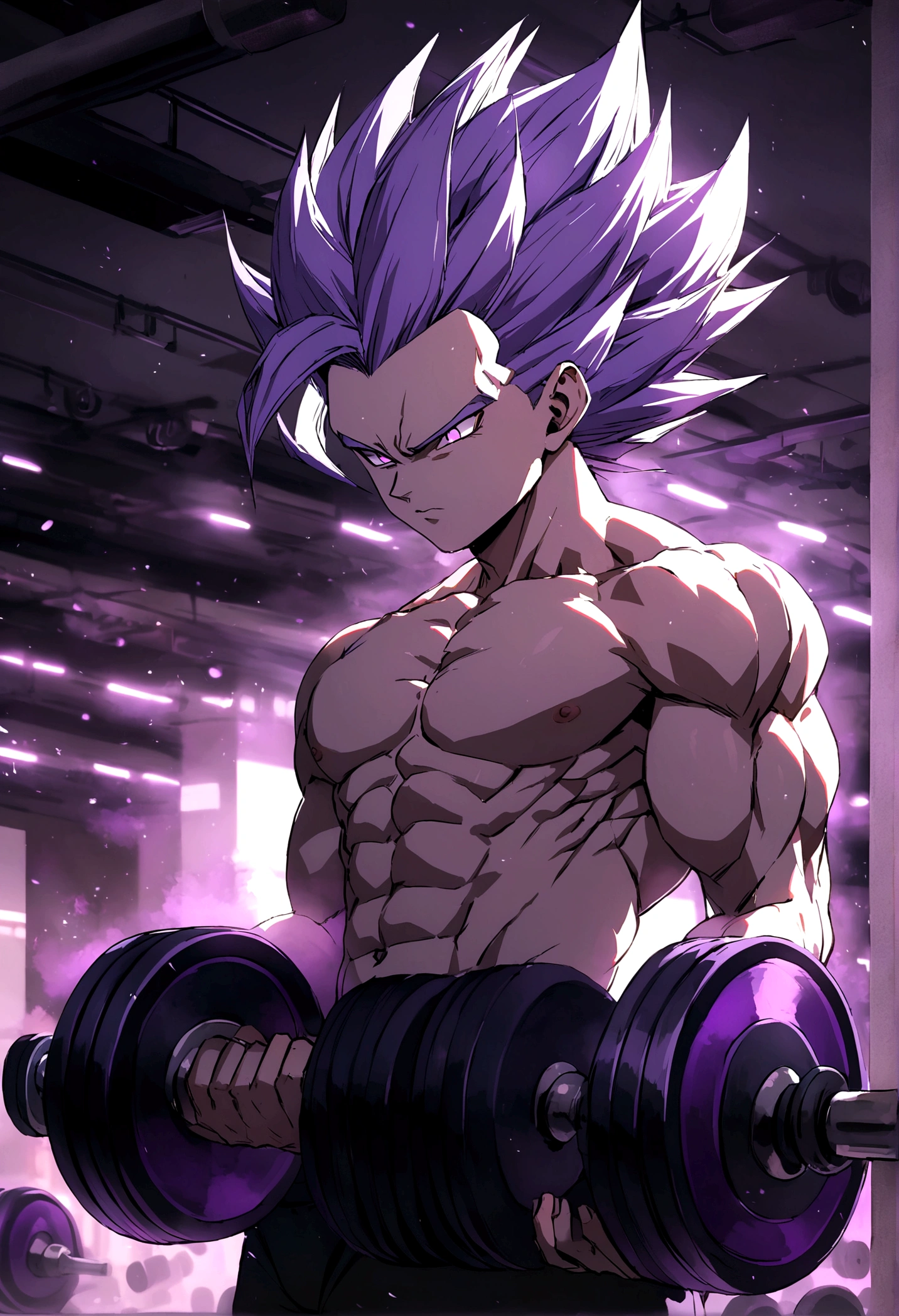 Super Saiyan purple Vegeta with no shirt curling dumbbells in a gym, purple glow and effects