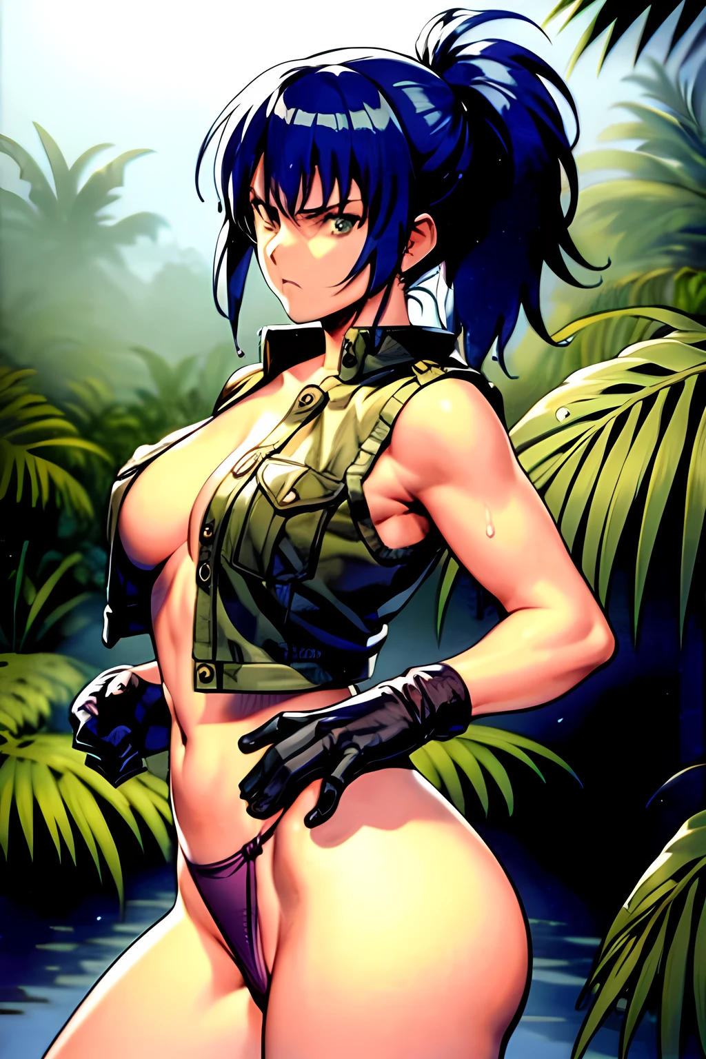 masterpiece, best quality, anime 1990s \(style\, leona heidern, , fully open vest, thong pants ,jungle, pony tail, wet, serious, gloves,