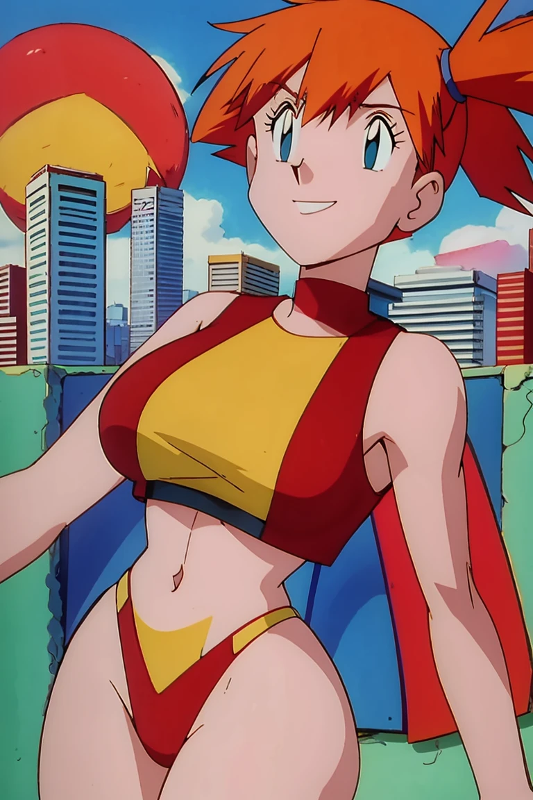 red-haired superwoman posing in front of a city skyline, perfect body, highly detailed giantess shot, sfw large breasts, giantess art, smug smile