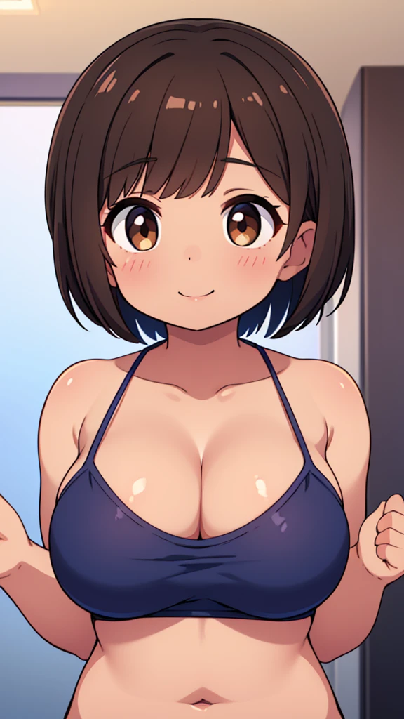 Beautiful young girl , Beautiful round breasts,Bust up front,Beautiful upturned breasts,G-Cup, Narrow waist,Brown skin,Short Bob,Baby Face, bikini top,(((Enlarged view of the upper body))),View from the front, Cleavage is clearly visible,Keep your head upright and smile,ID photo