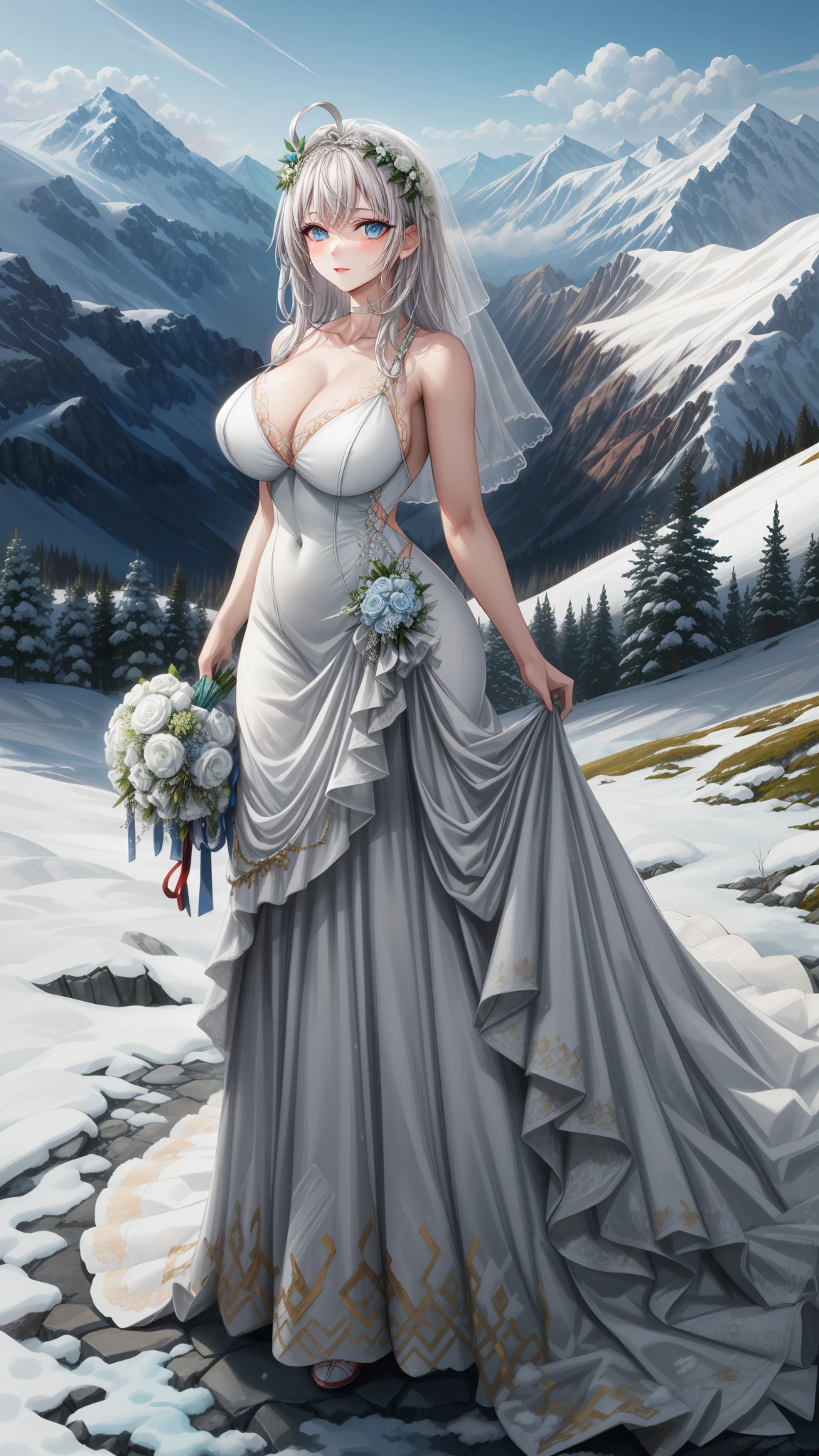 

(1girl), (masterpiece), (best quality), ((looking at the viewer)), ((full body)),((facing the viewer)), ((dress that shows off her figure)), ((White hair)), ((beautiful wedding dress))

In a serene alpine setting, atop a snow-capped mountain peak, a young woman stands gracefully. Her hair, as pure and white as freshly fallen snow, cascades down her shoulders in gentle waves. Her eyes, a striking shade of blue reminiscent of deep sapphires, reflect the clear, crisp sky above. She is adorned in an elegant, flowing white gown that flutters lightly in the mountain breeze, accentuating her slender figure. The morning sun bathes her in a soft, golden glow, highlighting the delicate features of her face - a serene expression that mirrors the tranquility of her surroundings. Her gaze is fixed upon the panoramic view of rugged valleys and distant peaks, a scene painted with pristine snow and lush greenery under the vast, unblemished sky.