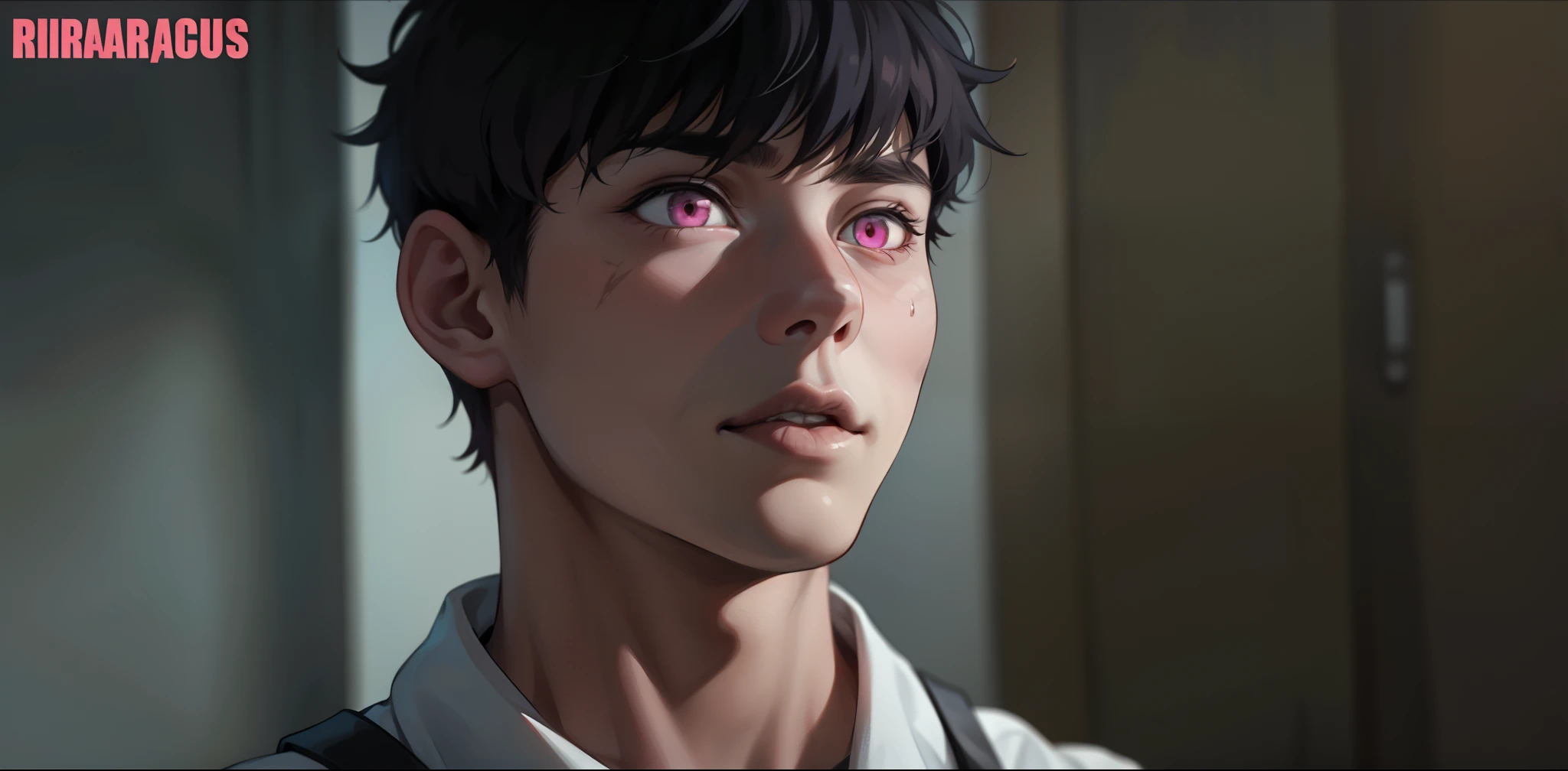 cute 16 year old boy pink hair pink eyes he is scared he is afraid