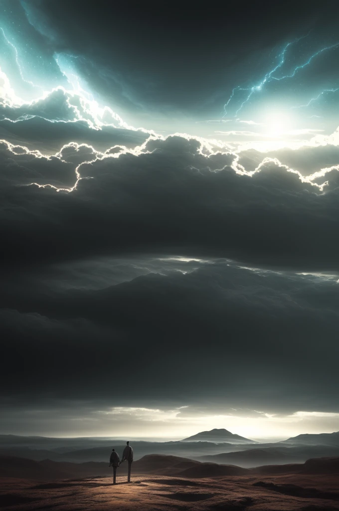 An illuminated sacred triangle amidst a dramatic sky filled with billowing clouds, illuminated by a stark contrast of light and darkness. The scene is intricate and highly detailed, drawing inspiration from the works of Mandy Jurgens and Wayne Barlowe. The digital illustration features deep focus and a cinematic view, capturing the epic scale and beauty of the celestial theme.