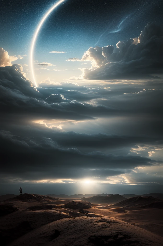 An illuminated sacred triangle amidst a dramatic sky filled with billowing clouds, illuminated by a stark contrast of light and darkness. The scene is intricate and highly detailed, drawing inspiration from the works of Mandy Jurgens and Wayne Barlowe. The digital illustration features deep focus and a cinematic view, capturing the epic scale and beauty of the celestial theme.