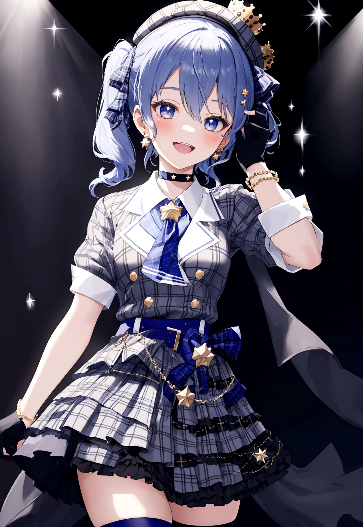 masterpiece, best quality, absurdres, perfect anatomy, SuiseiBase, plaid beret, crown, blue star choker, star earrings, blue ascot, plaid jacket, plaid skirt, layered skirt, partially fingerless gloves, star bracelet, uneven legwear, thigh strap, on stage, spotlights, hands on hips, smile, :d, blush,