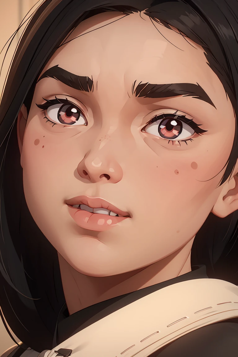slightly chubby girl, medium-Length black hair, bangs, rounder face, droopy nose tip, small round red lips, round cheeks, intense dark round asian eyes, beauty spot above eyes, exaggerated wide grin