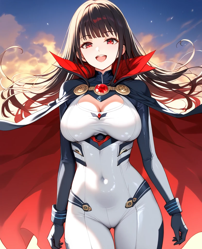 1girl, ultra high res, large chest, bare color body suit, covered navel, cape, smile, red eyes, open mouth, 