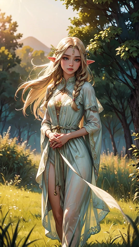 Graceful elven girl standing in meadow, Delicate face illuminated by the soft light of the setting sun. Her long, Flowing hair runs down your back, Decorated with intricate braids、Adorned with sparkling gemstones. This great photo is、、、It captures the ethereal beauty of elves. Slender figure in silk dress、Swaying in the soft steppe breeze. Attention to detail、Face that is、Face that is、Face that is、It is evident in the intricate patterns of the dress and the subtle highlights of the luminescence. skin. The breathtaking portrayal of the elven girl is、、、、Create an enchanting atmosphere、It invites the viewer to a magical world.detailed face, detailed hands, detailed eyes, full body, elf girl , elf girl
