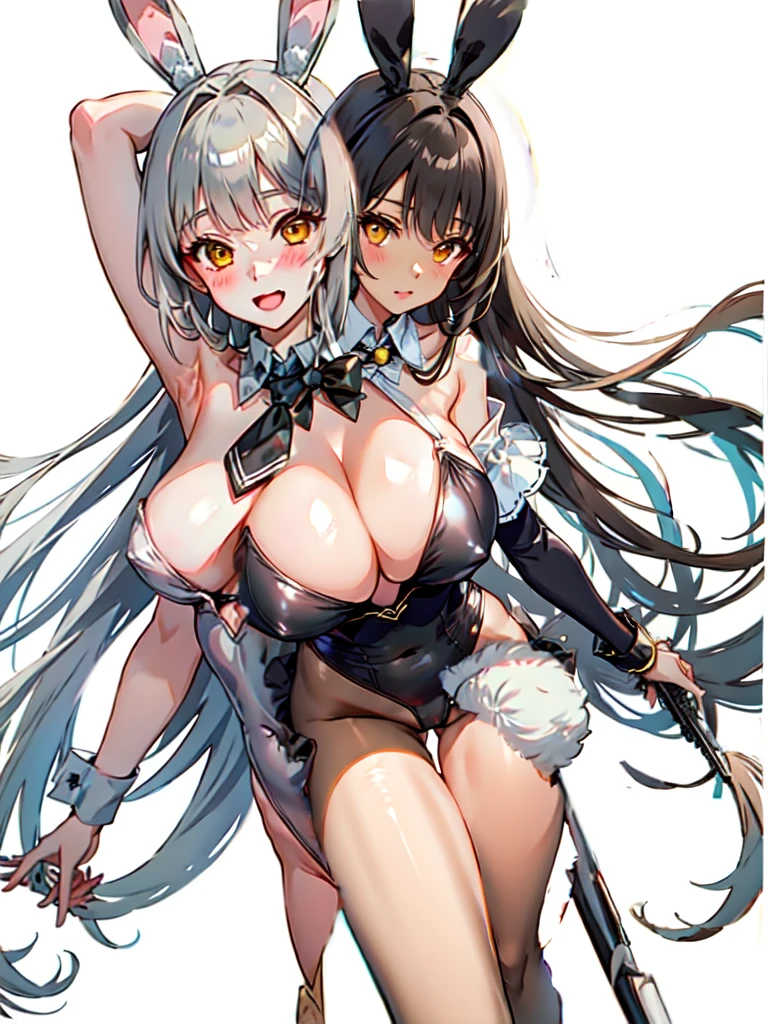 playboy bunny, gun, leotard, pantyhose, animal ears, solo, black leotard, long hair, brown hair, rabbit ears, bowtie, dark skin, dark-skinned female, bow, detached collar, rifle, wrist cuffs, strapless leotard, holding gun, holding, fake animal ears, very long hair, yellow eyes, strapless, bangs, black bow,mature female,shiny,shiny skin,huge breasts,noir \(nikke\)