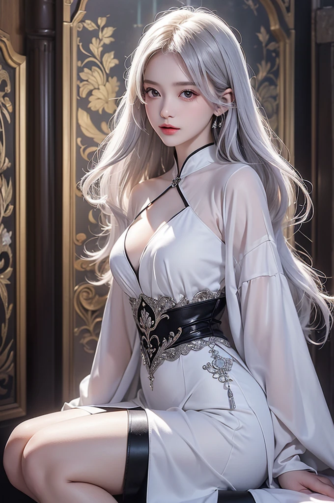 ((masterpiece:1.5,Highest quality,Highly detailed images,Beautiful images、Realistic、Photorealistic、2.5D))(1girl, 独奏)(medium breasts, white hair, black eyes, Healthy legs、Tight ass、Beautiful cleavage)(Fantasy dresses、Fantasy Clothes、Battle Dress from Another World、Deep slit)(wind, floating hair)(Inside the castle、Audience Chamber）
