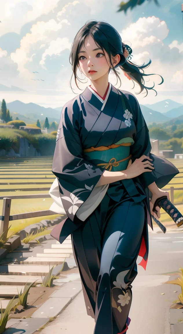 samurai girl, 1 girl, beautiful detailed eyes, beautiful detailed lips, extremely detailed face and eyes, long eyelashes, samurai armor, ((two japanese swords)), rural rice field road, rolling hills, cloudy sky, detailed environment, dramatic lighting, cinematic lighting, dramatic shadows, highly detailed, 8k, photorealistic, hyper detailed, masterpiece, vibrant colors, atmospheric, intricate details